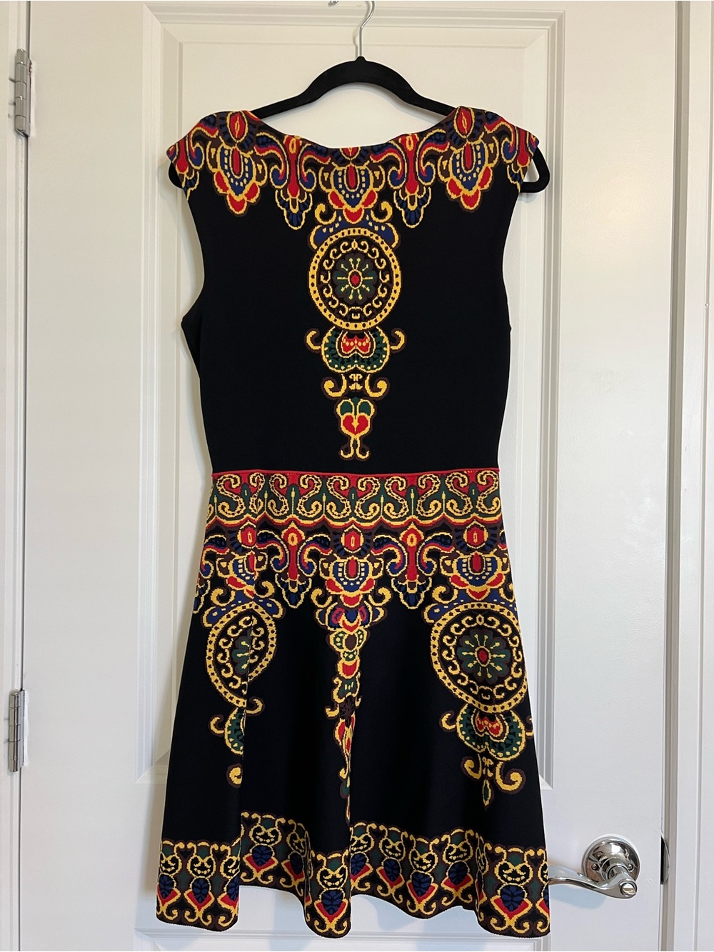 Valentino Black Midi Dress with Red, Yellow and Green Embroidered Motifs